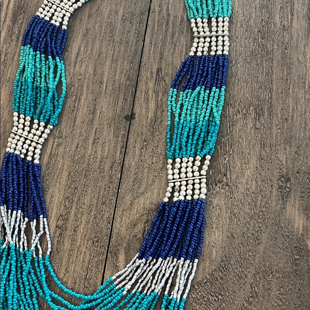 Multi-Row Blue & Teal Beaded Statement Necklace
